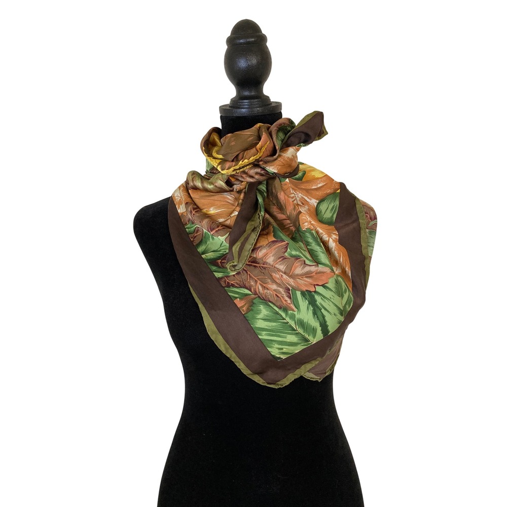 Vintage 100% Silk Square Scarf Brown Green Orange Autumn Leaf Botanical Print